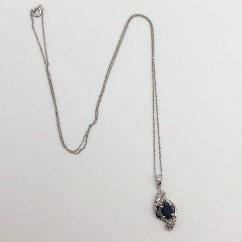 14k white gold blue sapphire and diamond pendant 14k chain necklace - Picture 4 of 10